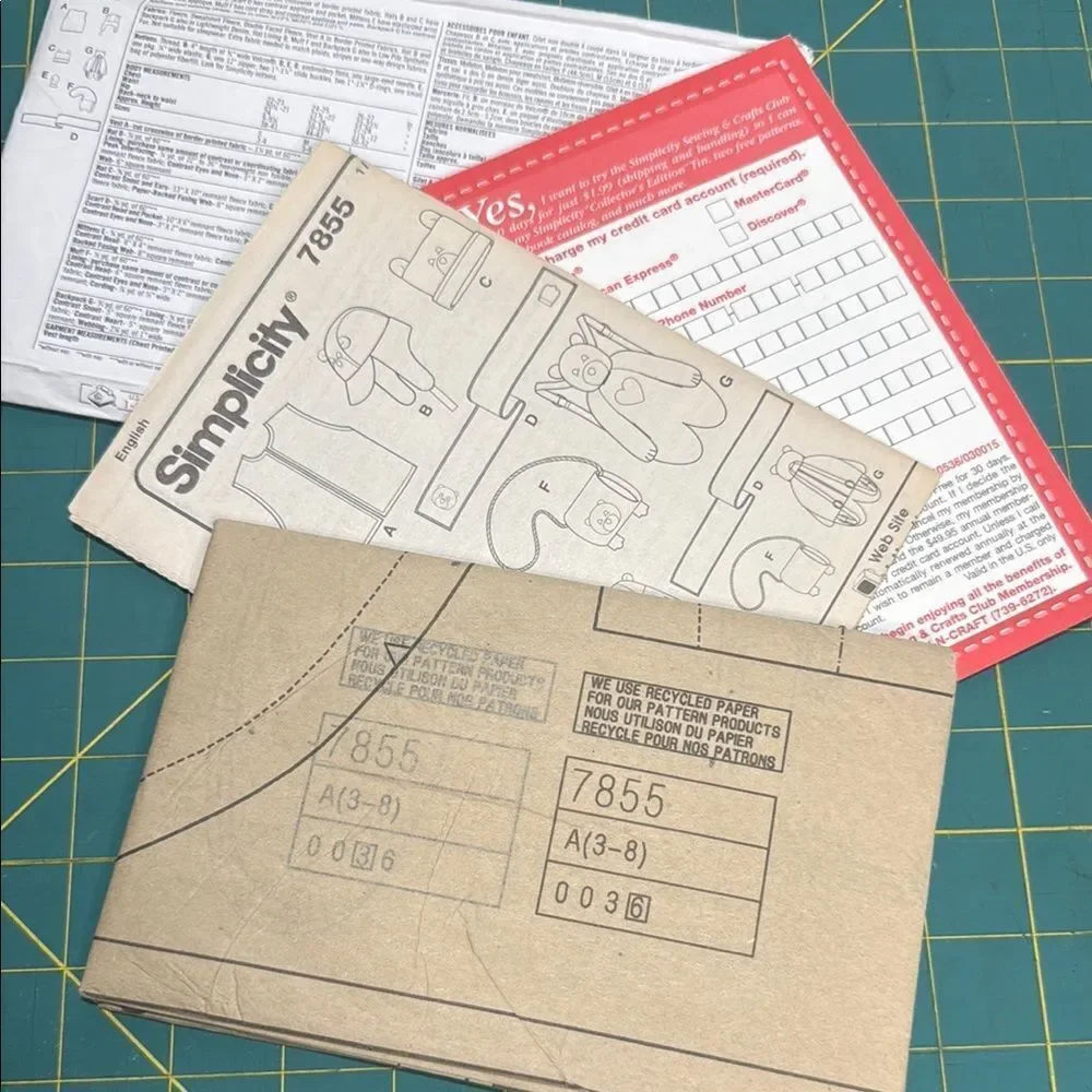 Simplicity 7855 Kids Bear Backpack Hat Accessories Sewing Pattern
